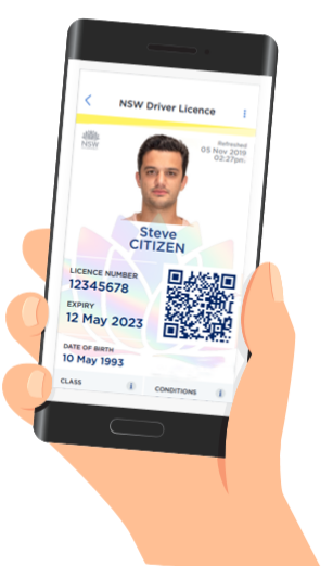 hand holding smart phone with digital driver licence displayed