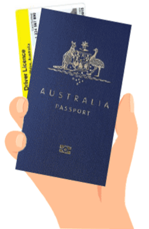 hand holding an australian passport and a physical driver licence