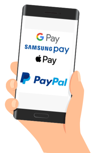 hand holding smart phone with google pay, samsung pay, apple pay and paypal logos