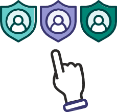 Three shields representing digital IDs, and a hand pointing to one of them