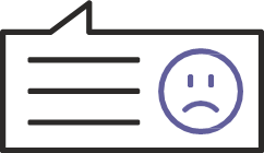 A speech bubble containing text and a sad face symbol